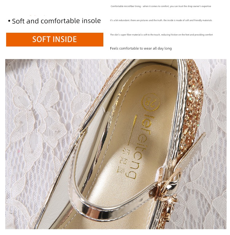 Girls' High-Heeled Shoes 2026 New Spring and Autumn Princess Shoes Round-Toe Performance Shoes Little Girls' Gold Host Performance Shoes — 6