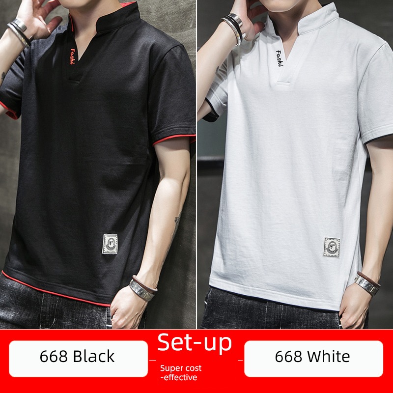 man Solid color stand collar Chaopai Undershirt Short sleeve T-shirt