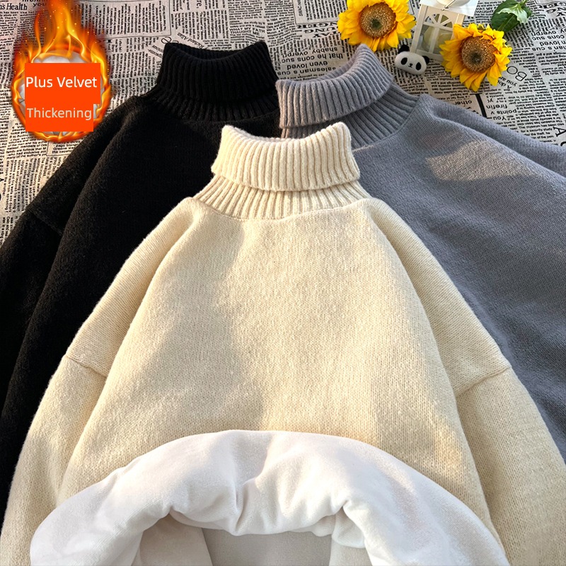 High collar sweater male Winter money Plush solar system Lazy wind Retro Thick and solid Inner lap Sweater lovers loose coat Advanced sense
