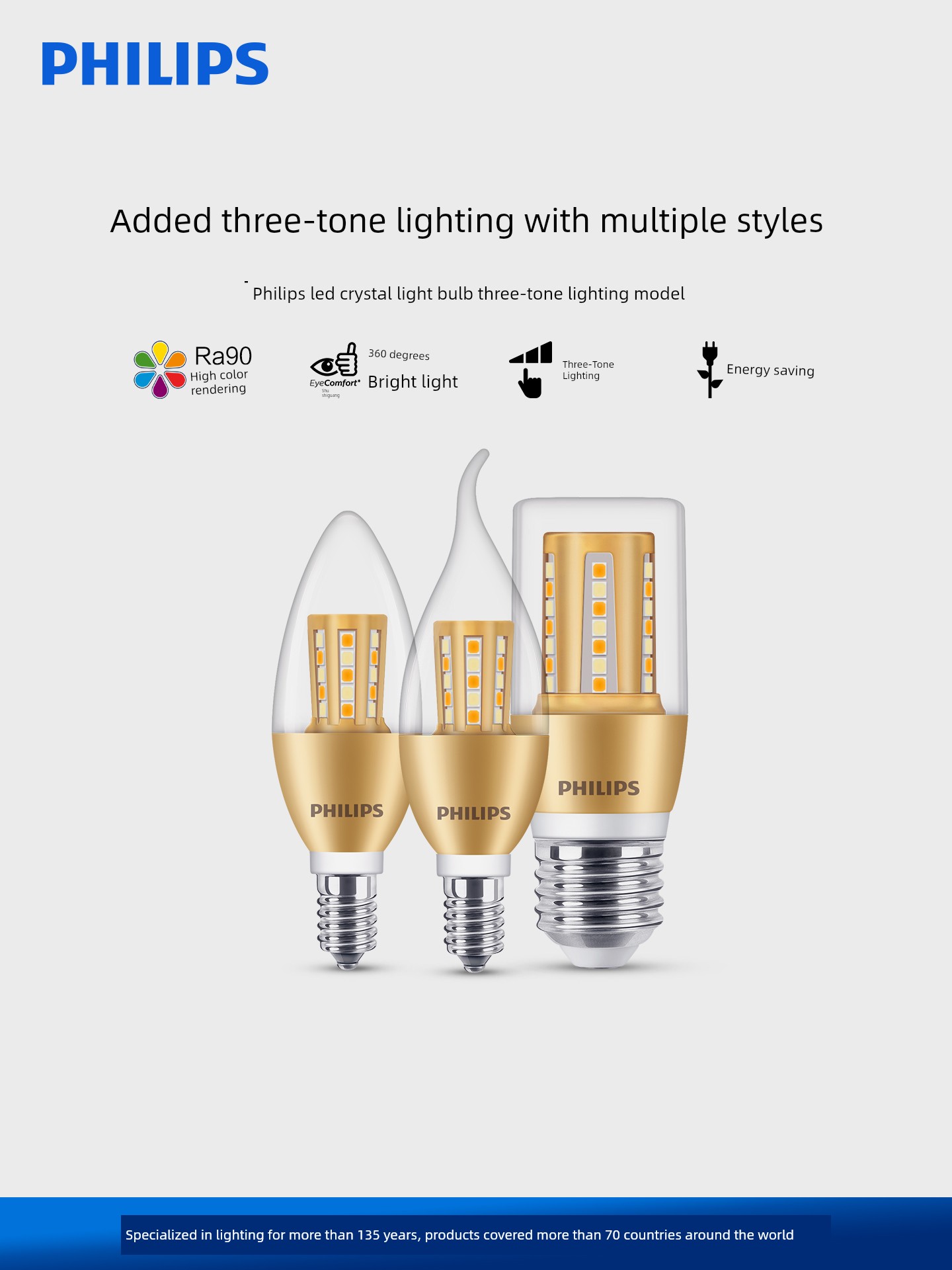 Philips Candle Bulb Led Three-Color Crystal Tip Bubble E14e27 Screw For Home Energy-Saving Pull Tail Bubble Crystal Lamp