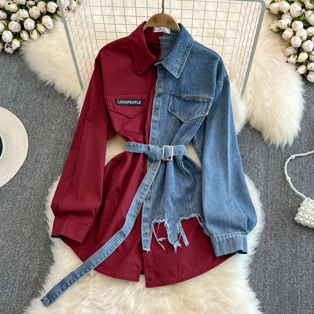 chic With belt Color matching leisure time jacket cowboy shirt