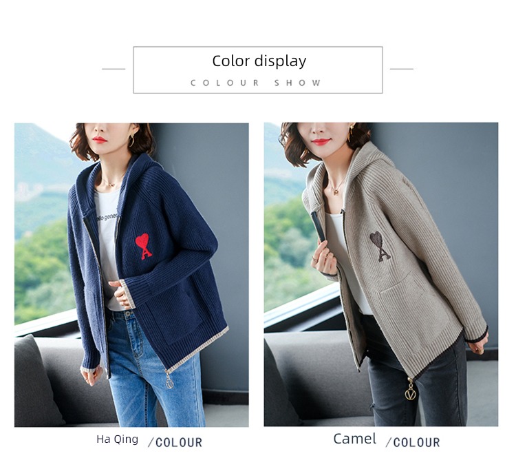 loose coat female Hooded knitting zipper jacket Embroidery Cardigan