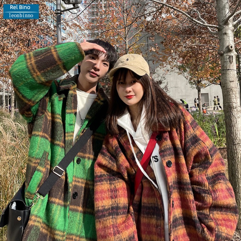 winter lattice loose coat easy leisure time woolen overcoat