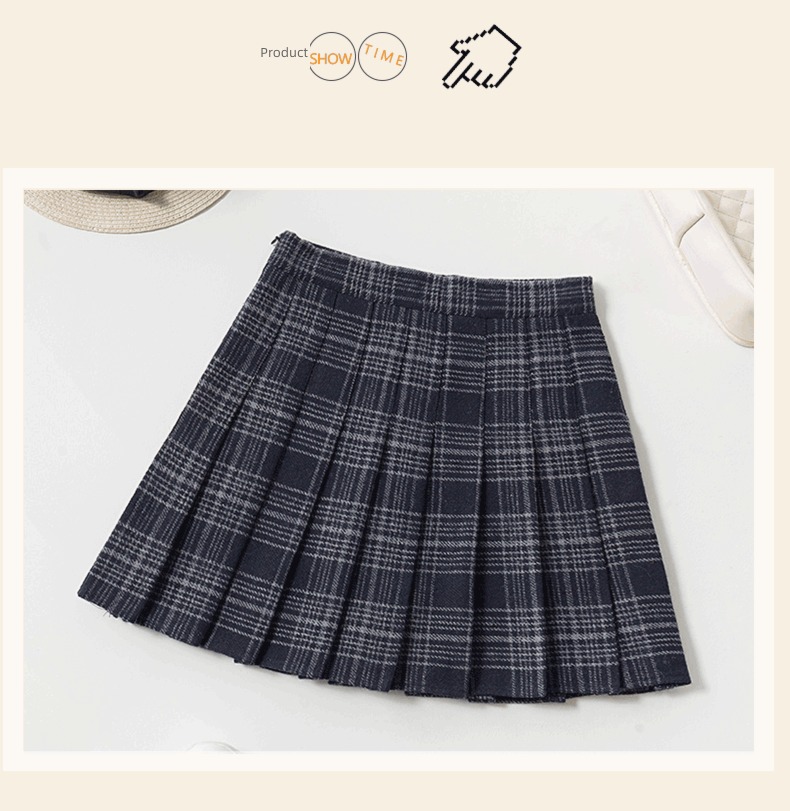 Wool lattice female Autumn and winter Academic atmosphere thickening Pleated skirt