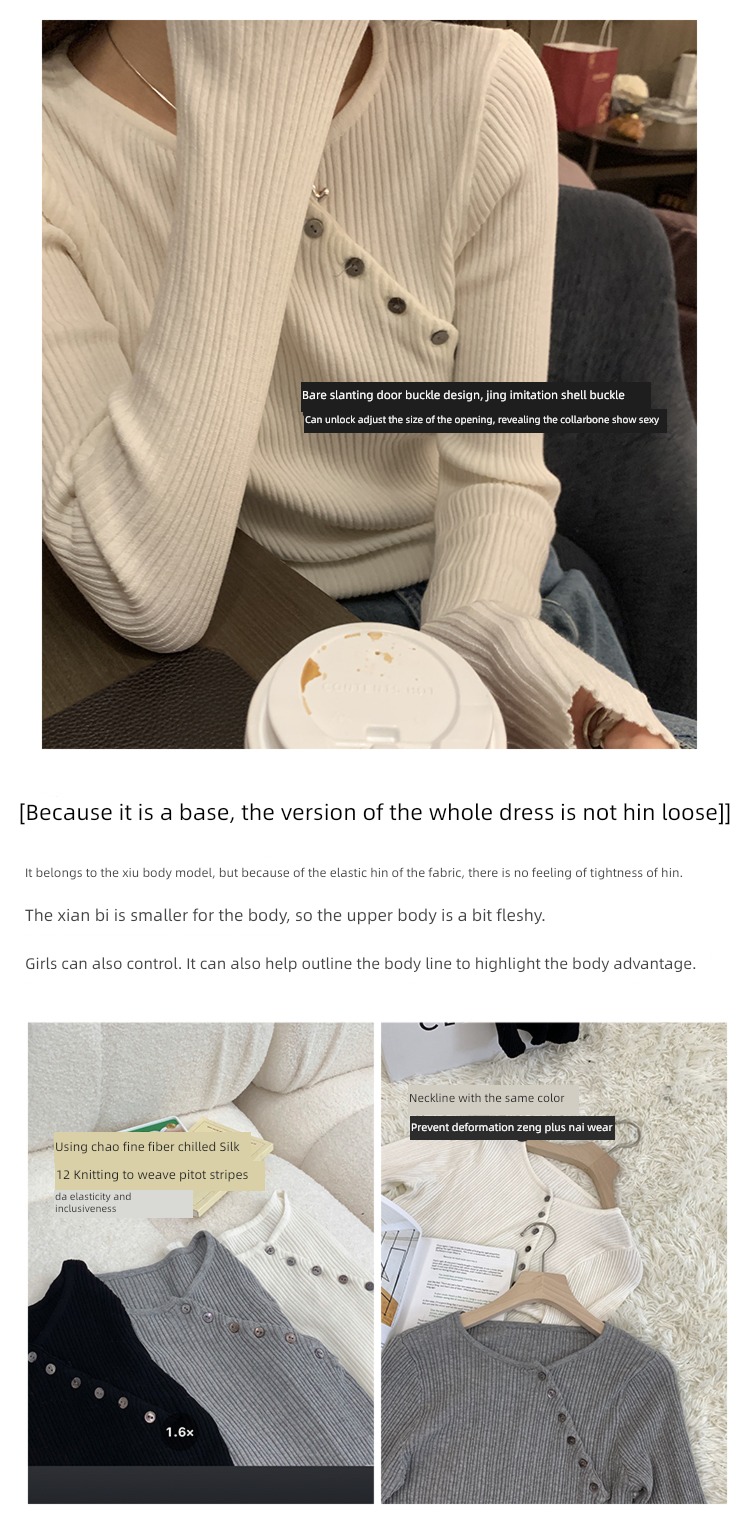 EKOOL Oblique buckle Round neck Long sleeve knitting autumn new pattern T-shirt