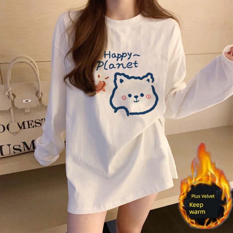 Autumn and winter easy Inner lap Plush Sanding Long sleeve T-shirt