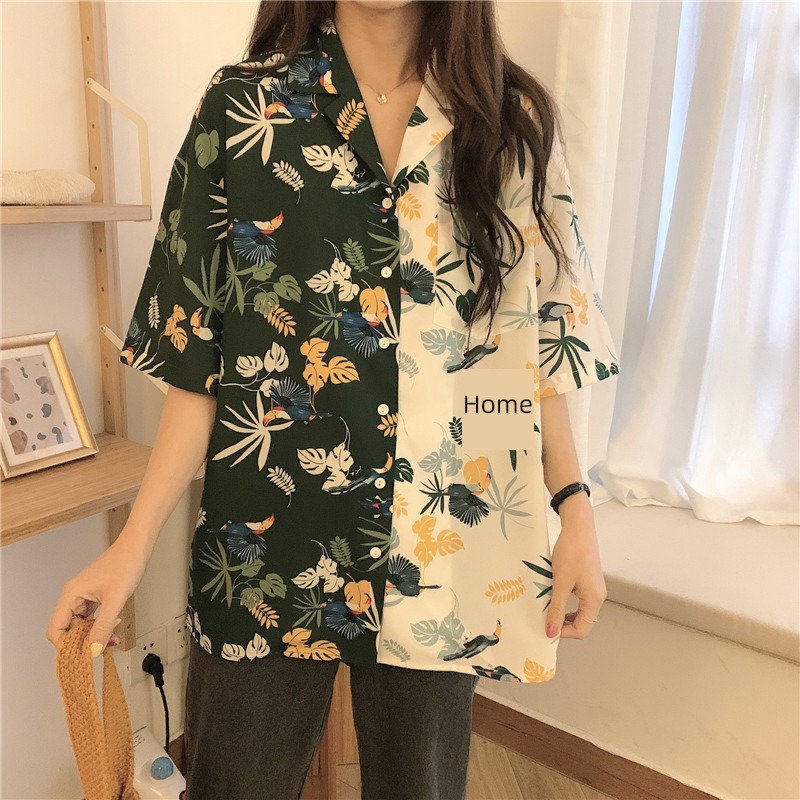 Sense of design easy Short sleeve Retro Color contrast printing shirt