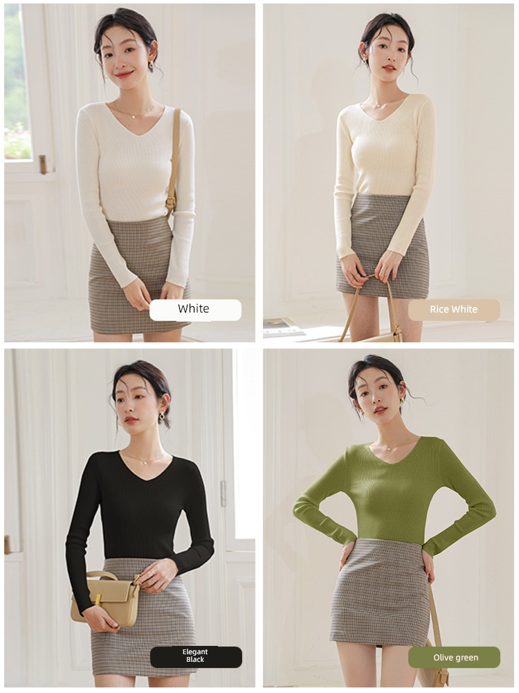 V-neck wool white jacket Spring and Autumn Sweater
