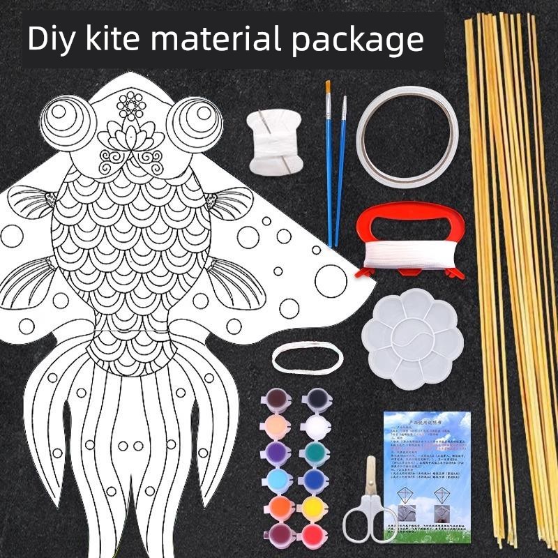 Kite DIY Material Kit for Elementary School Students, Children's Handmade Painting Blank Graffiti Paper Kite, Self-Made Coloring Bamboo Kite