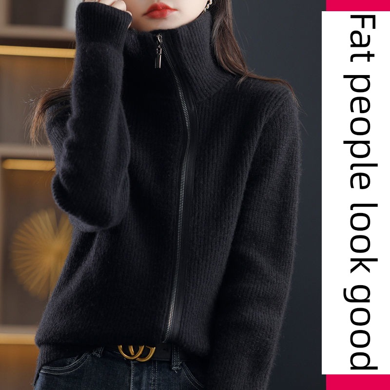Big size stand collar zipper Giant and thin Cover your belly Sweater