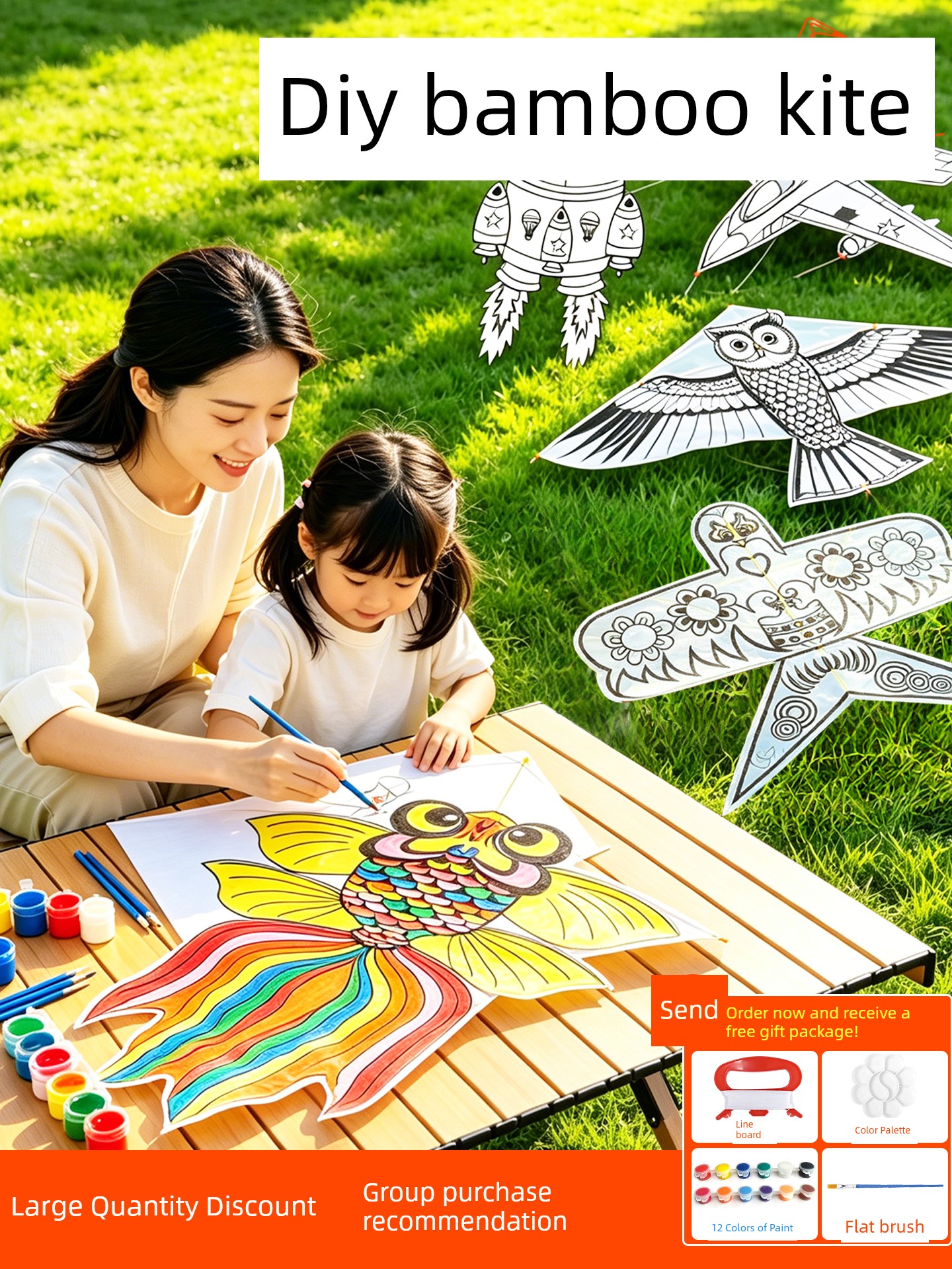 Parent-Child DIY Blank Paper Kite Kit with Materials for Making Your Own Frame, Suitable for Children and Elementary School Students to Paint and Decorate, Semi-Finished Product