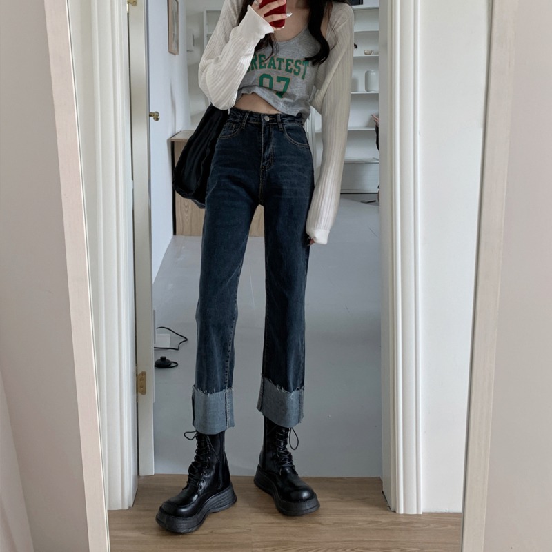 easy Straight cylinder Curling Big size High waist ins Jeans
