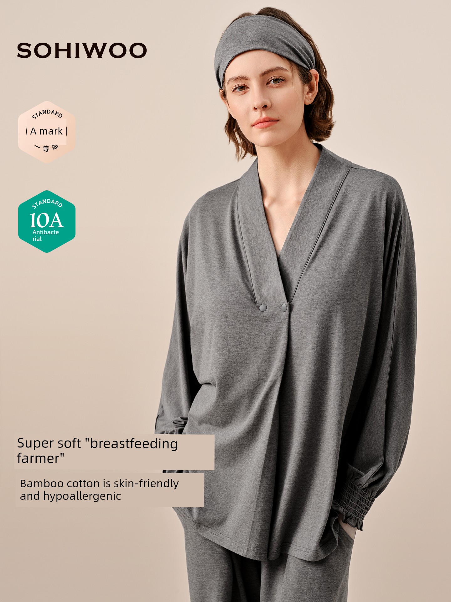 Sohiwoo Postpartum Clothing for Pregnant and Postpartum Women, Autumn Nursing Pajamas, Outerwear, Bamboo Cotton Sweat-Absorbent Home Wear Set