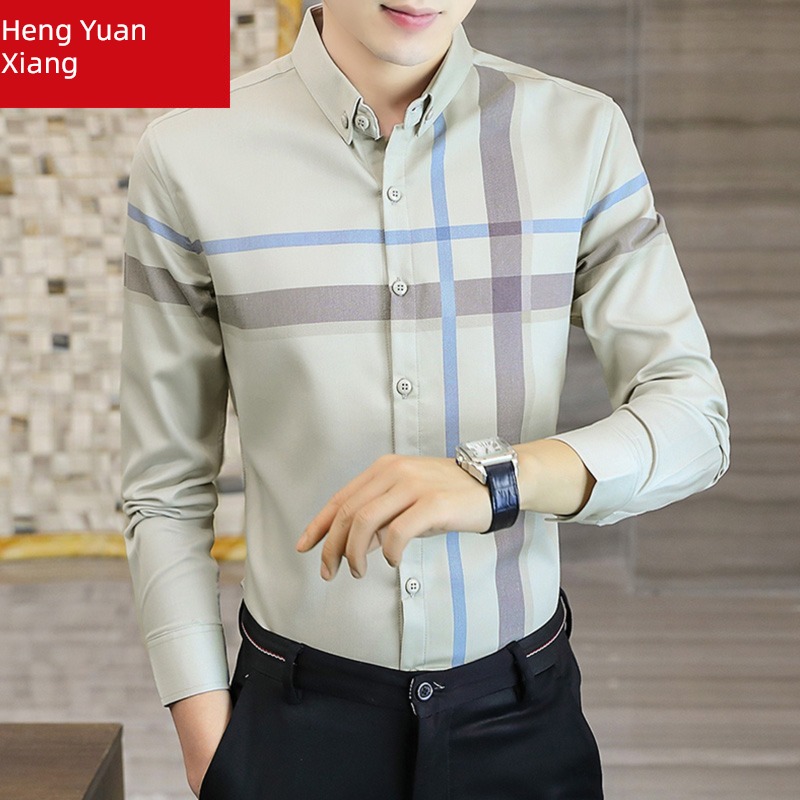 hyz  Long sleeve Ice silk lattice leisure time business affairs shirt
