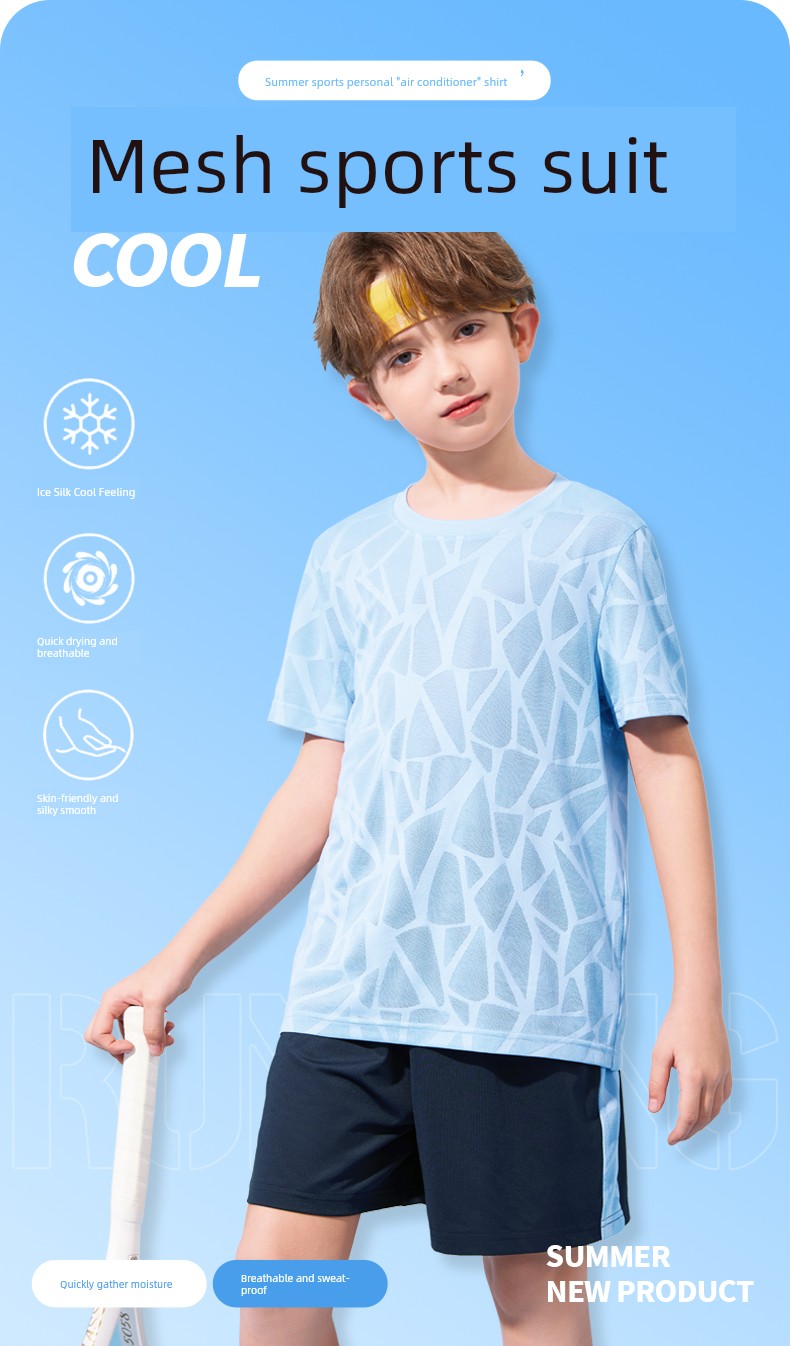 Sports Reebok Kidsren's Suit for Boys 2026 New Ice Silk Quick-Drying Summer Boys' Short-Sleeved Clothes for Older Kidsren — 4