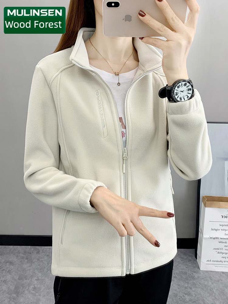 MuLinSen Autumn and winter Fleece female Solid color Fleece thickening keep warm pizex Inner bladder stand collar Windbreak loose coat