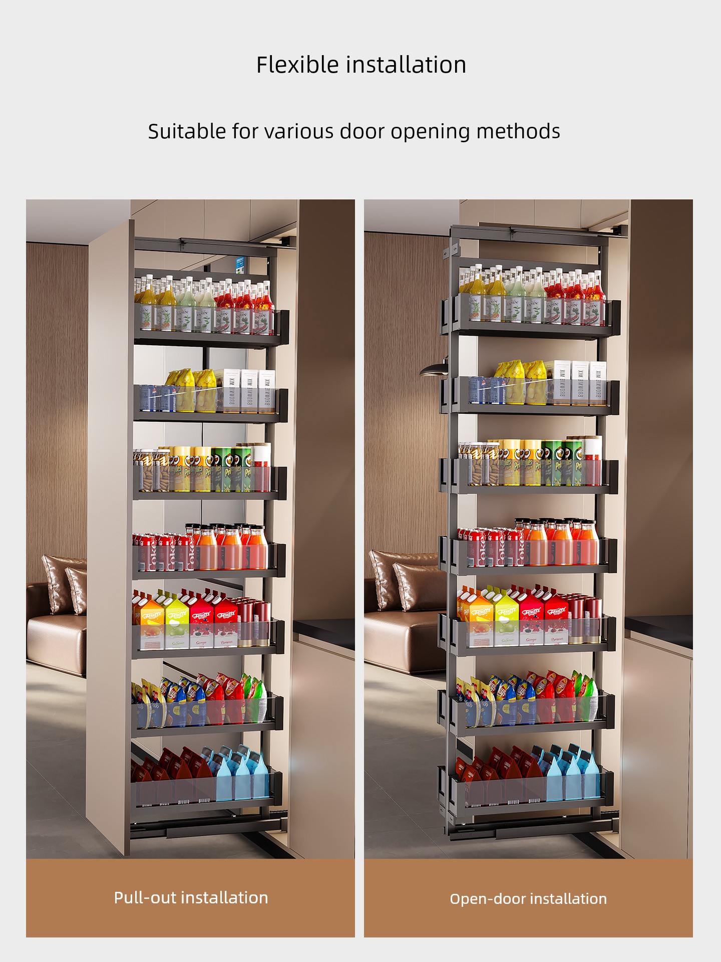 Kitchen Cabinets, Snack Storage Tall Cabinets, Pull-Out Basket Drawer-Style Storage Racks, Extremely Narrow Gaps, Large Monsters in the Gaps, High-Depth Storage Next to the Refrigerator