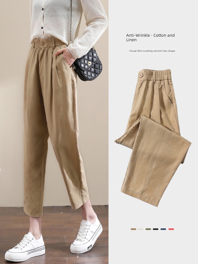 khaki spring and autumn Nine points summer Thin money flax trousers