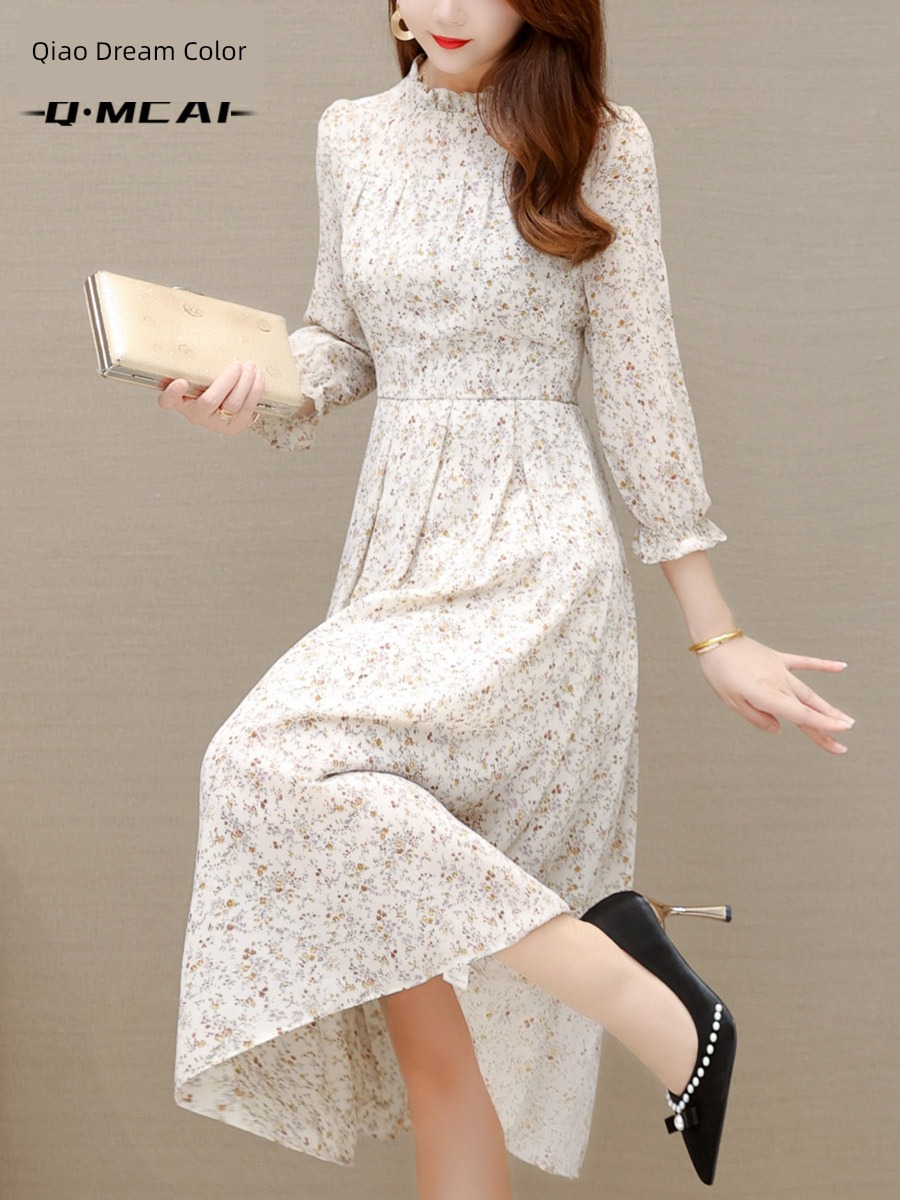 French Spring High waist mom Long sleeve Chiffon Dress