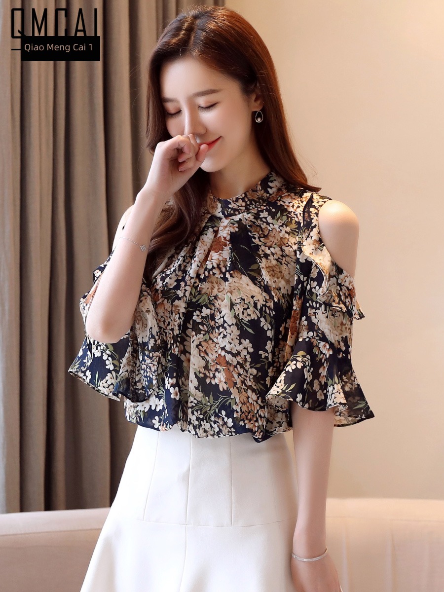 Short sleeve summer wear Foreign style Leaky shoulder jacket Chiffon shirt