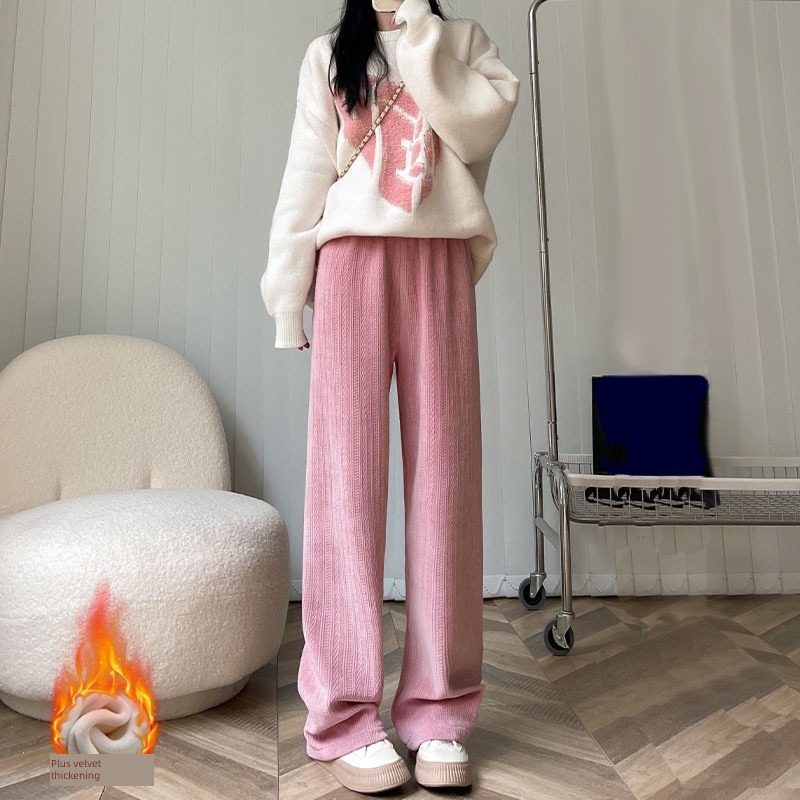 Wheat grain Knitted pants 2022 new pattern Autumn and winter Soft waxy Plush little chap leisure time Straight cylinder chenille  Wide leg pants female