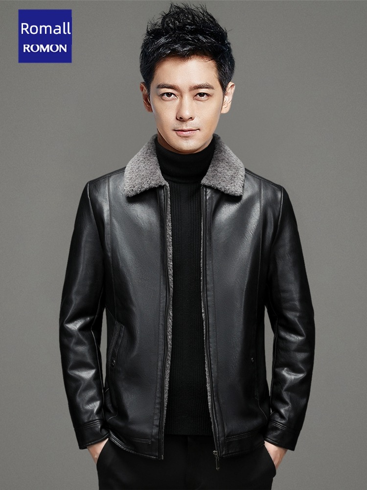 Romon leisure time Dad Costume Flannel collar man leather clothing