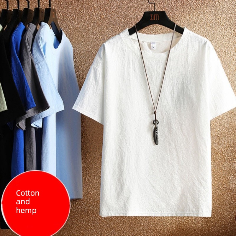 man Solid color Half sleeve Round neck Put on your clothes Compassionate flax