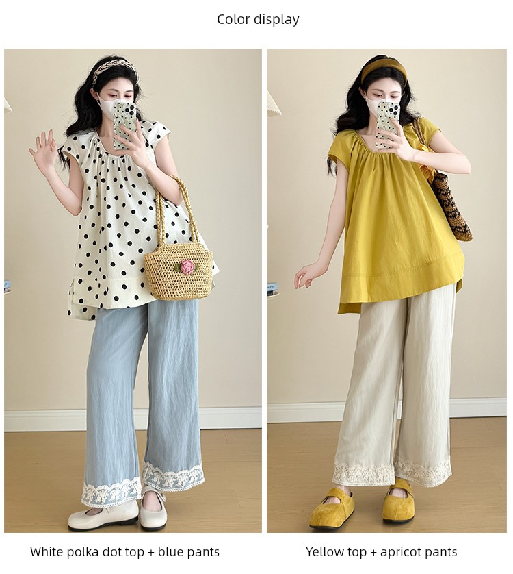Maternity Outfit Summer 2026 New French Style Pregnancy Wear, Top to Cover Belly and Wide-Leg Pants Two-Piece Set, Thin Style — 10