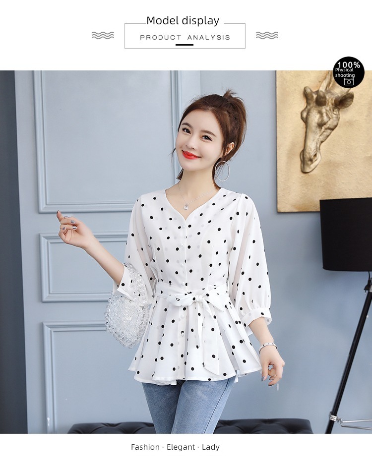 Korean version Temperament lady Frenulum Close your waist Skirt Ruffles Baby shirt jacket Short sleeve Wave point Chiffon shirt female summer