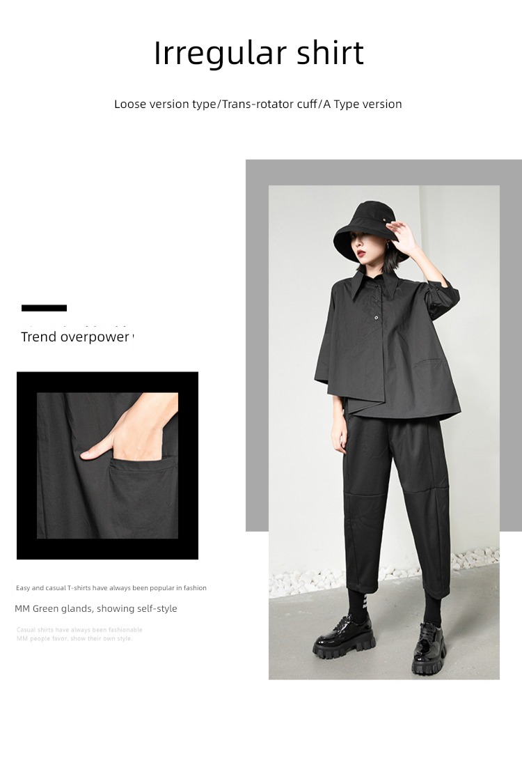 dark Salt system Yoshi Yamamoto Spring and summer Women's wear Cold wind Abstinence Asymmetry Compression fold Lapel three quarter sleeve shirt