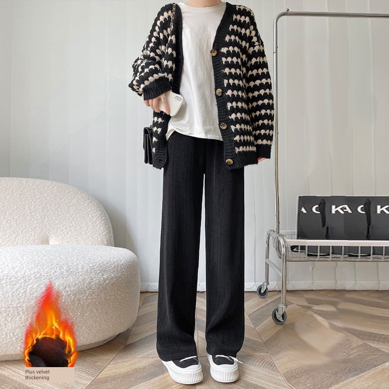 Wheat grain Knitted pants 2022 new pattern Autumn and winter Soft waxy Plush little chap leisure time Straight cylinder chenille  Wide leg pants female