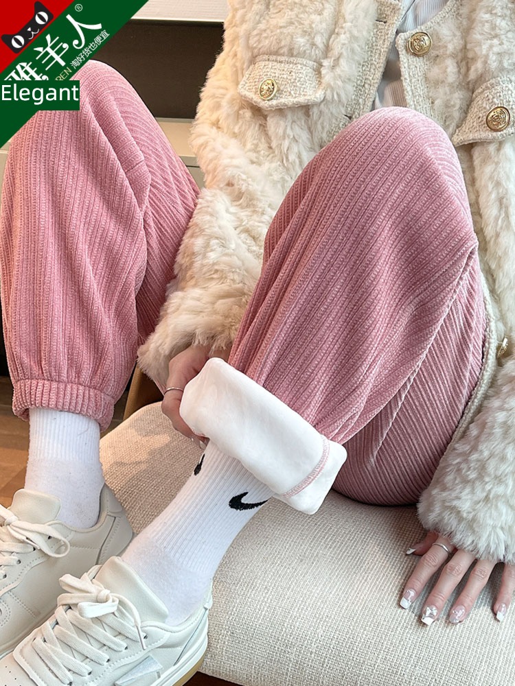 Pink spring and autumn winter Plush leisure time Tie one's feet Sports pants