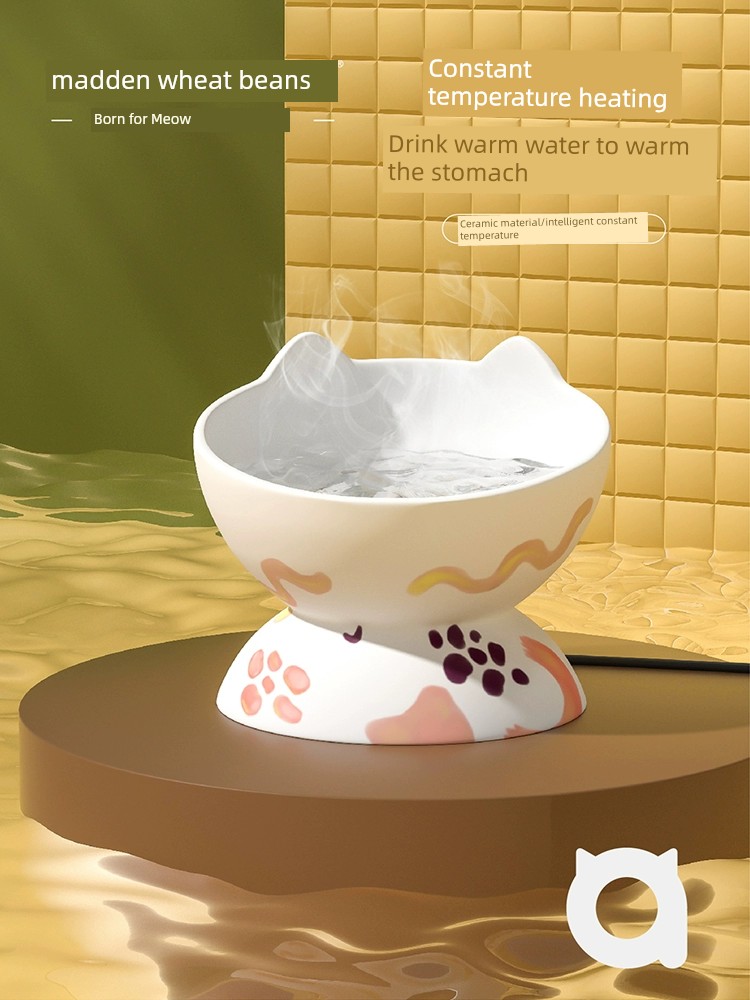 貓咪陶瓷保溫加熱飲水機 耐摔高腳碗 乾溼兩用 (3.3折)
