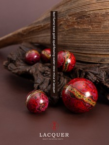 Natural Lacquer Single Bead Necklace Accessory with Opal and Mica Inlaid in Lacquer, Red Flame Gold-Plated Handicraft
