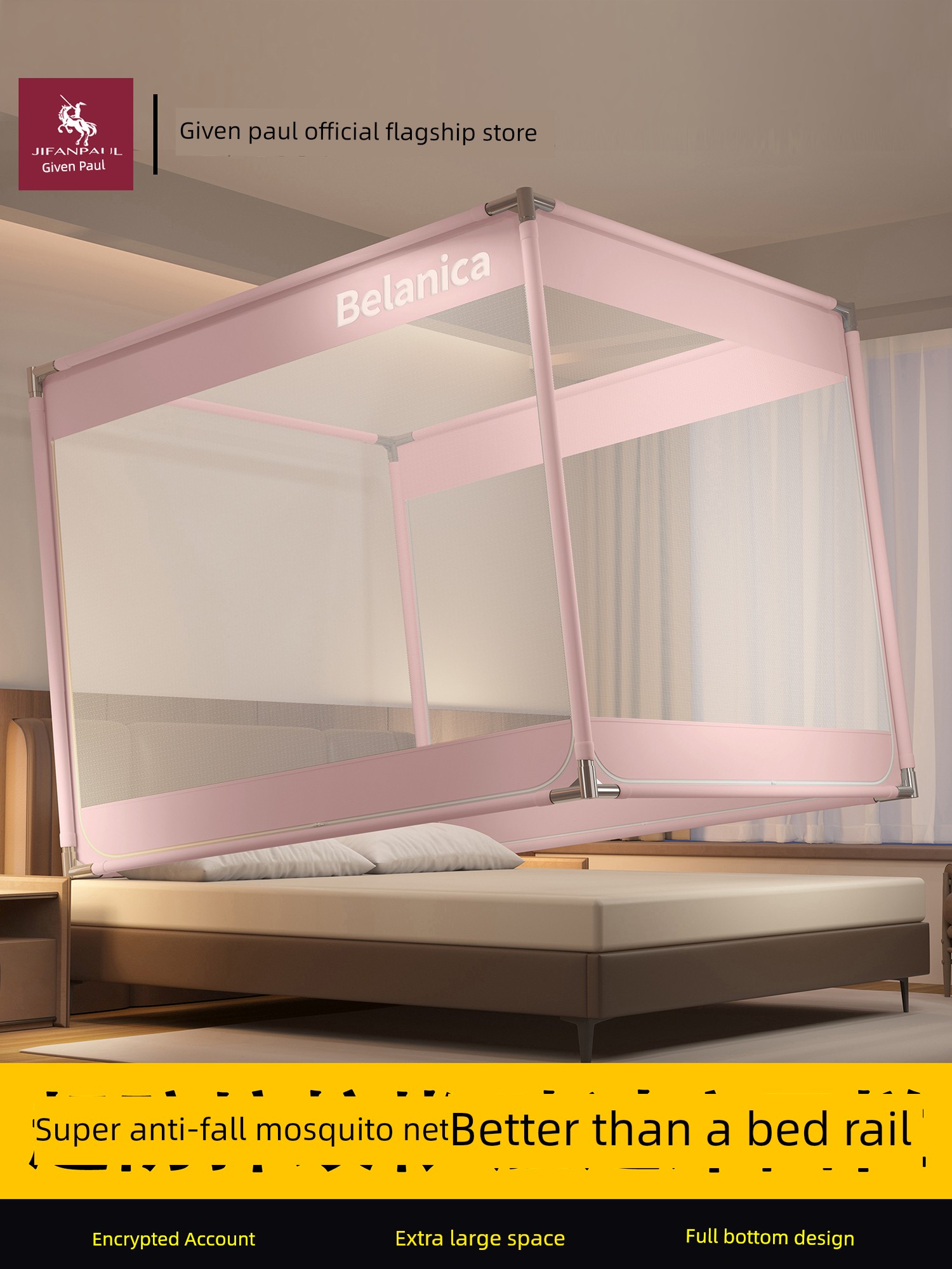 Anti-Fall Mosquito Net with Three Doors, No Splicing Required, Children's Playpen for Home Bedroom, Prevents Falling Out of Bed, Full Bottom and Full Coverage Style