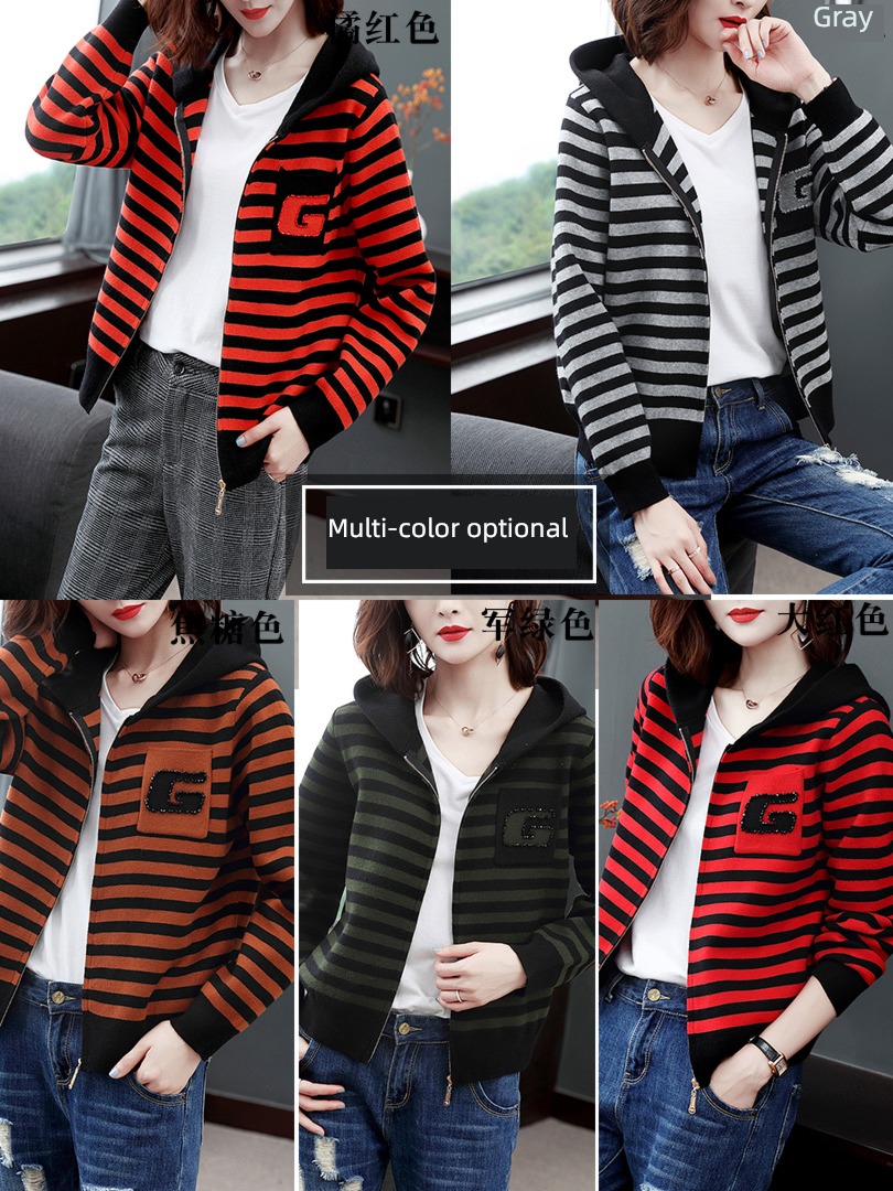 Spring and Autumn knitting Cardigan Korean version easy Hooded sweater