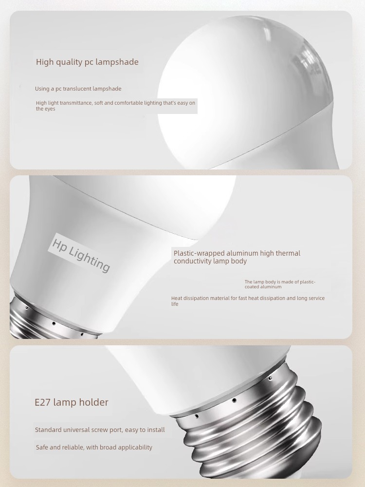 Hp Lighting Eye-Protection Led Bulb E27 Screw Base Household Three-Color Light Energy-Saving Lamp Super Bright Chandelier Round Bulb