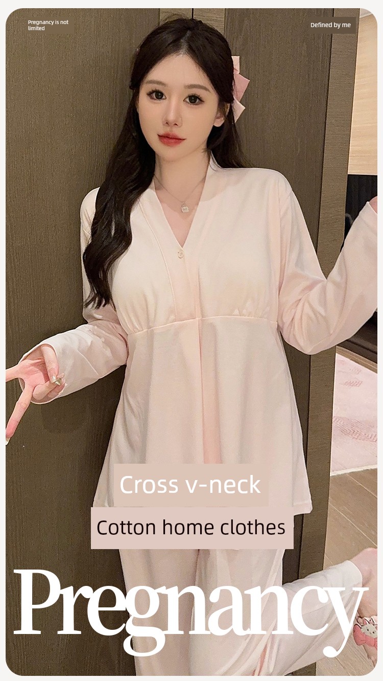 Simple Style Maternity Pajamas with Chest Pads, Pure Cotton, Thin Summer and Autumn Postpartum Nursing Sleepwear for Pregnant Women, All-Cotton for Autumn — 1