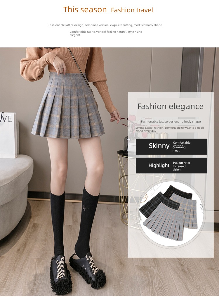 Wool lattice early autumn winter Half body Advanced sense Short skirt