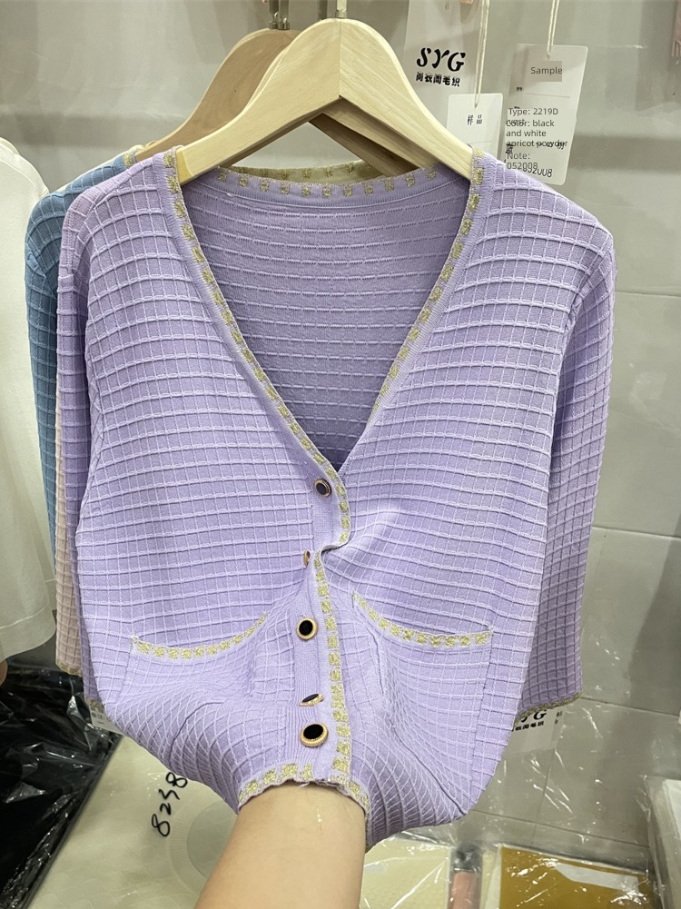 Little fragrance Bright silk Rimming V-neck easy knitting Cardigan