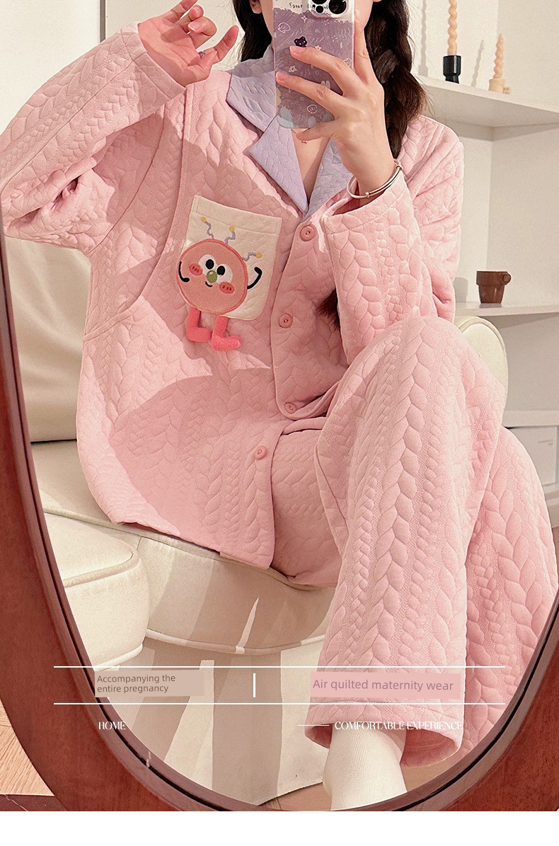 Maternity Pajamas Autumn and Winter Style Thickened Three-Layer Pure Cotton Warm Postpartum Nursing Home Wear Maternity Set — 1