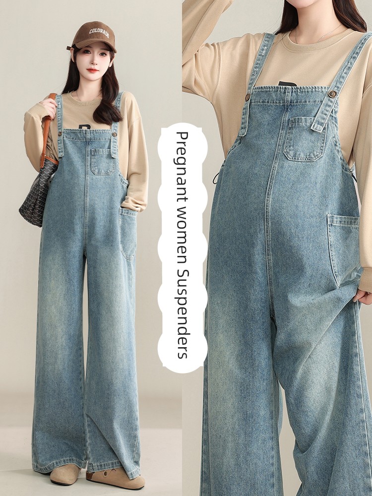 Maternity Denim Overalls That Don'T Squeeze the Belly, Loose-Fitting Plus-Size Pants for Autumn, Age-Reducing Wide-Leg Pants for Pregnant Women, Fall Wear