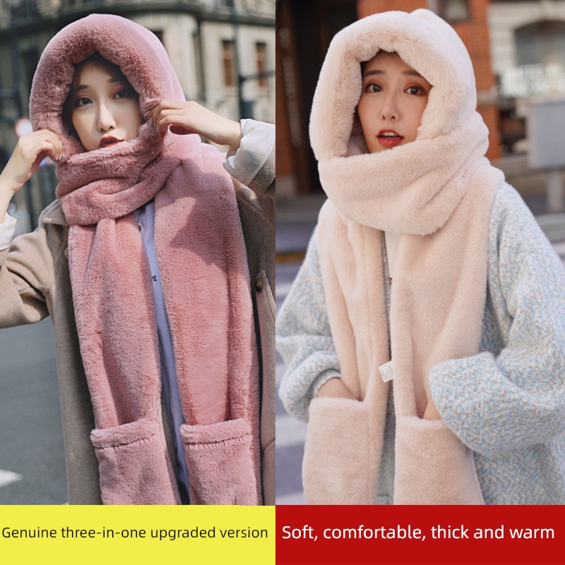 female Conjoined scarf Three piece set Korean version Autumn and winter Hat