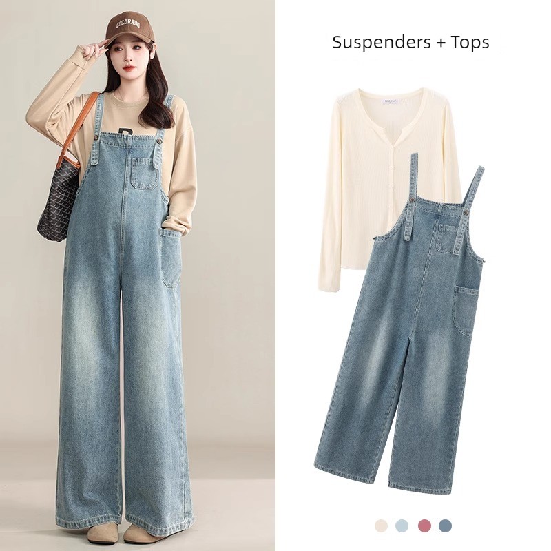 Maternity Denim Overalls That Don'T Squeeze the Belly, Loose-Fitting Plus-Size Pants for Autumn, Age-Reducing Wide-Leg Pants for Pregnant Women, Fall Wear — 1
