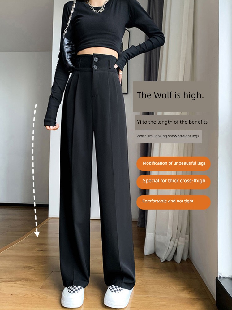 black Show thin High waist Sagging sensation Broad leg fashion Suit pants