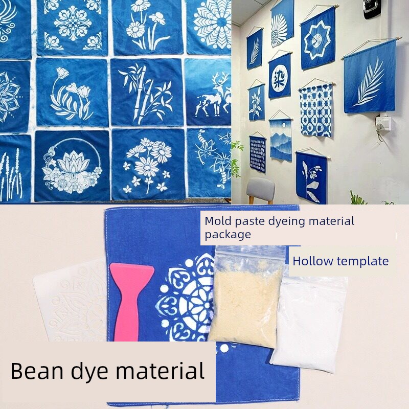 Bean Dye Materials, Blue Printed Fabric, DIY Material Kit, Tie-Dye Paste Dye, Hollow Template, Batik Pattern Mold, Intangible Cultural Heritage