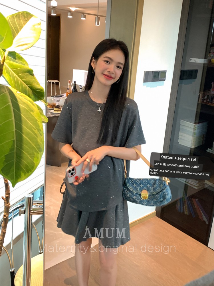 ◆ Amum Maternity Wear ◆ Summer Pampering~ Casual and Relaxed Oversized T-Shirt + A-Line High-Waisted Skirt Pants Two-Piece Set