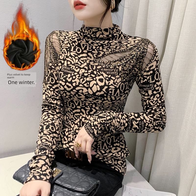 Autumn and winter 2022 new pattern Half high collar Long sleeve Hollow out Embroidery heavy industry Hot drilling T-shirt shirt Foreign style Lay a foundation Small shirt female