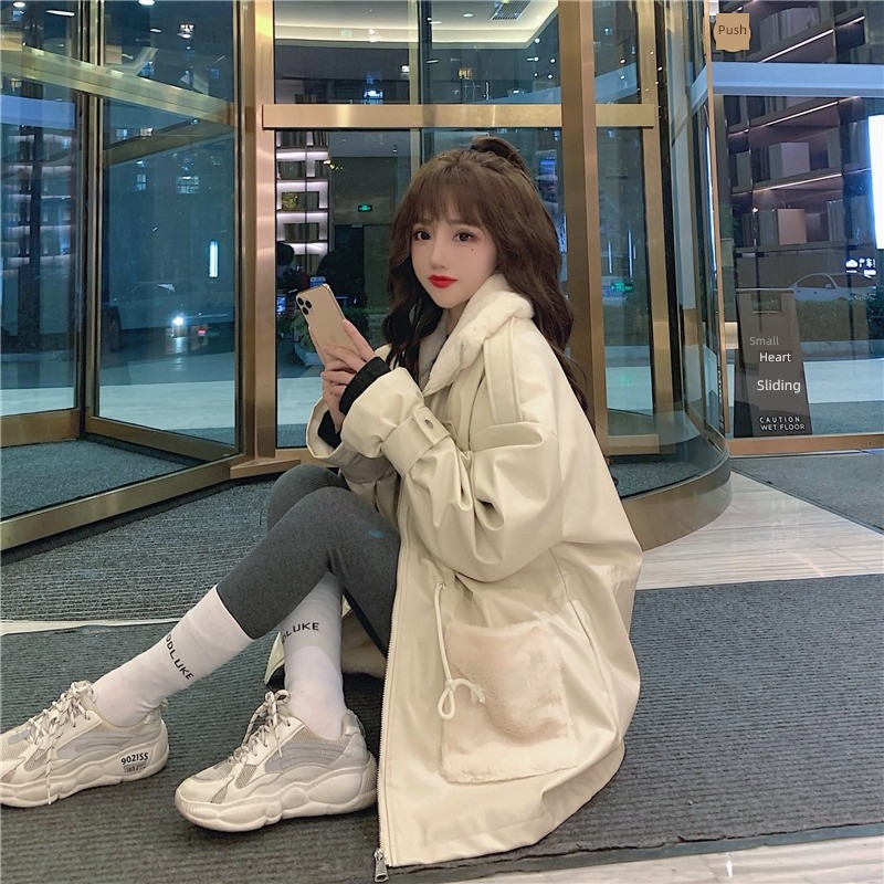 loose coat female Medium and long term Drawstring Close your waist Plush leather clothing