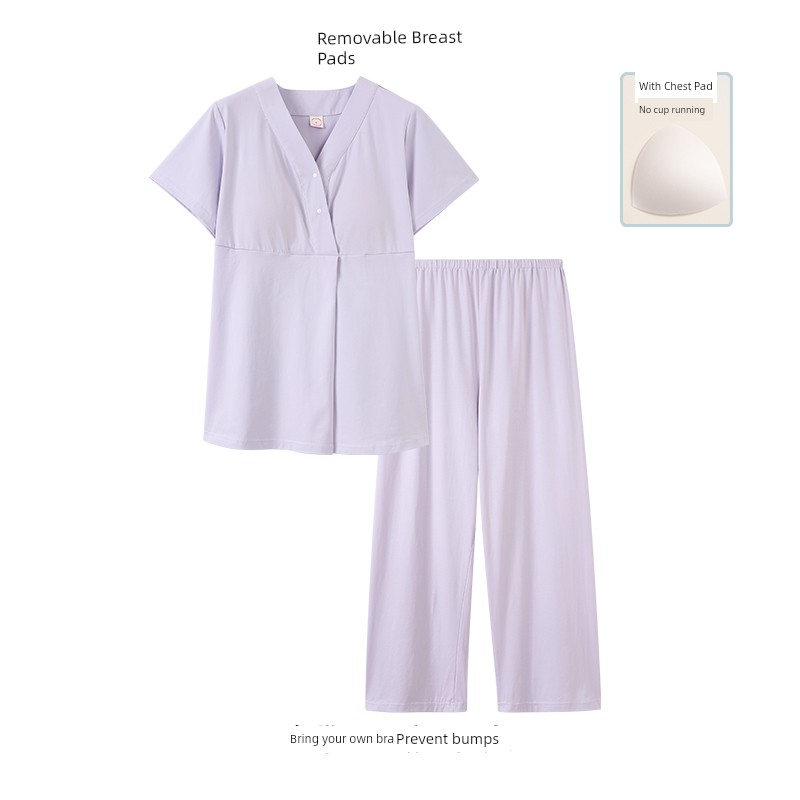 Postpartum Clothing, Summer Pure Cotton Thin Style, Sweat-Absorbent, Postpartum, with Breast Pads, Maternity Pajamas, Short-Sleeved, Breastfeeding — 5